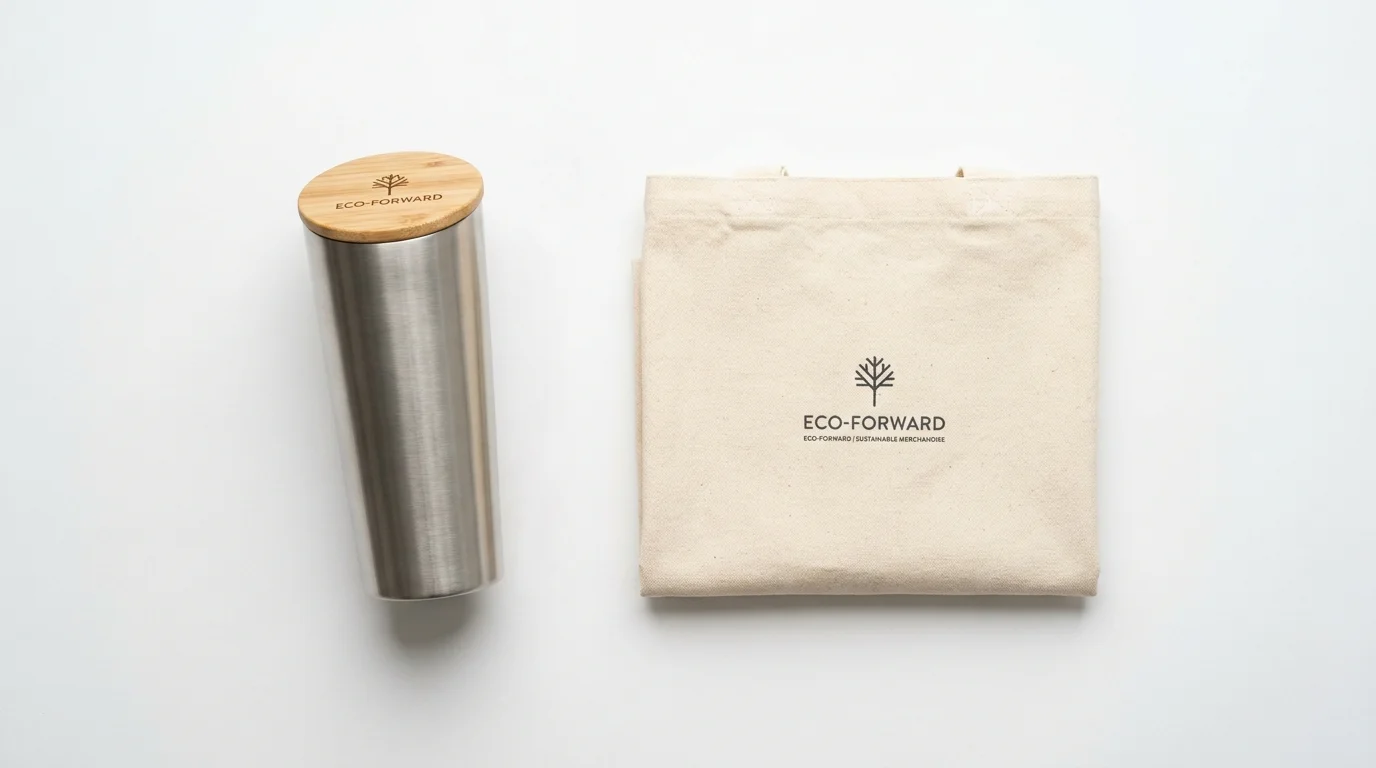 Ilustrasi flat lay tumbler stainless dan tote bag kanvas krem