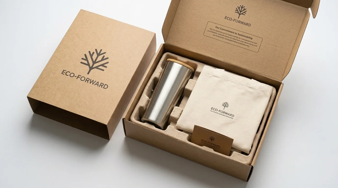 Ilustrasi merchandise korporat tumbler bambu dan tote bag minimalis Merchandise Kantor