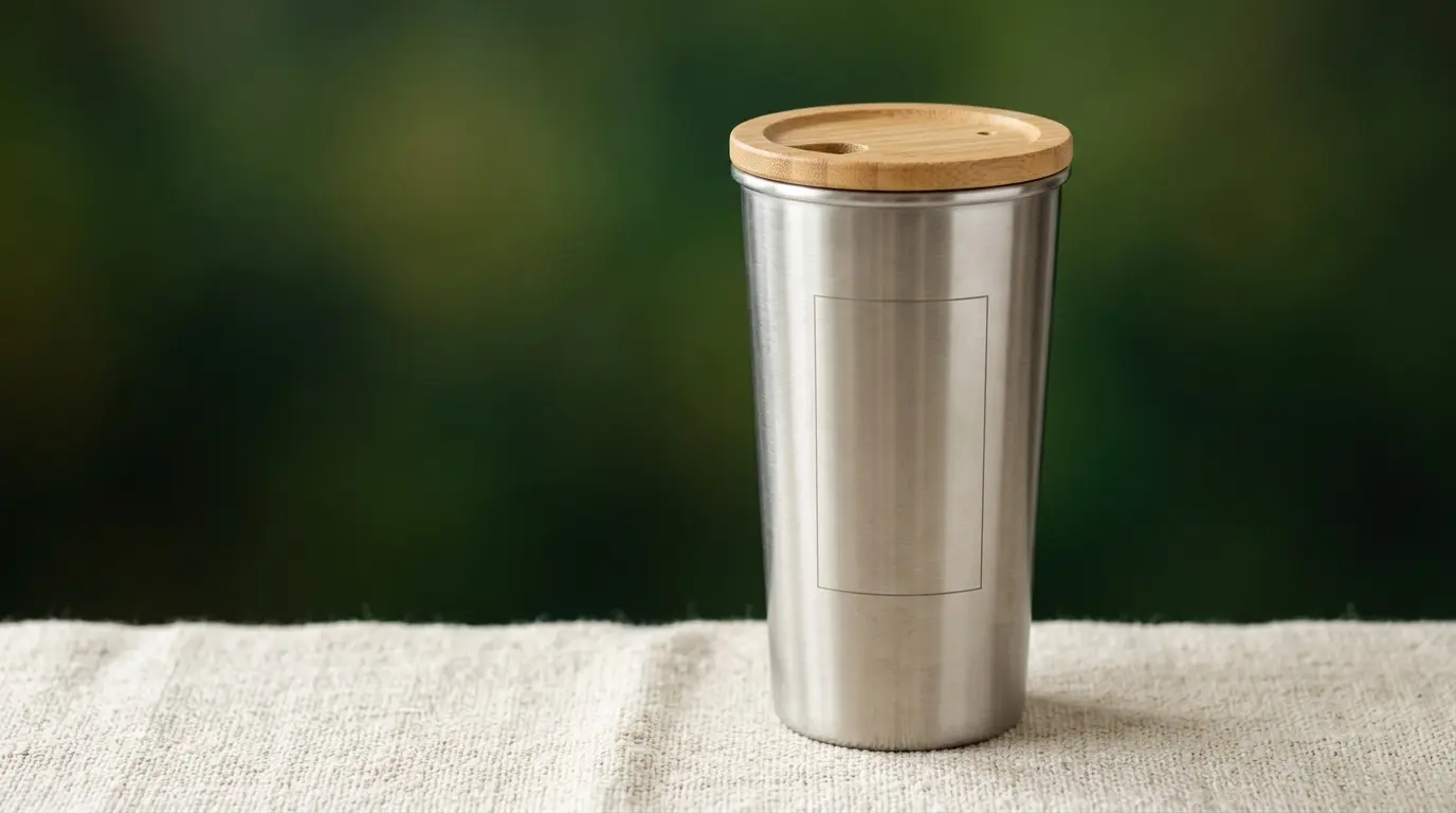 Ilustrasi tumbler stainless aksen bambu custom logo