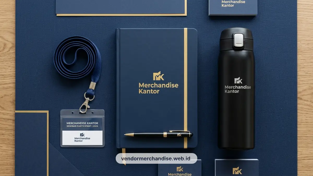 Ilustrasi tumbler dan tote bag merchandise kantor