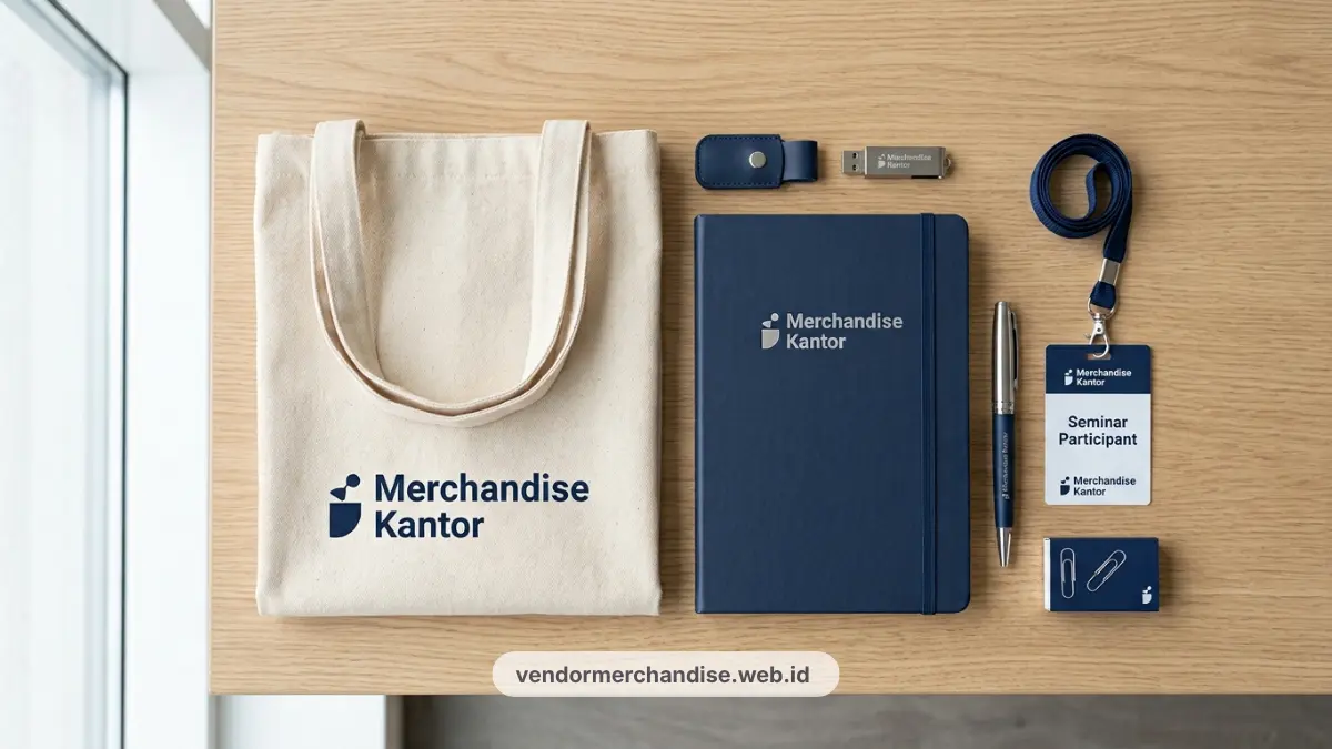 Ilustrasi notes, pulpen, dan tote bag seminar