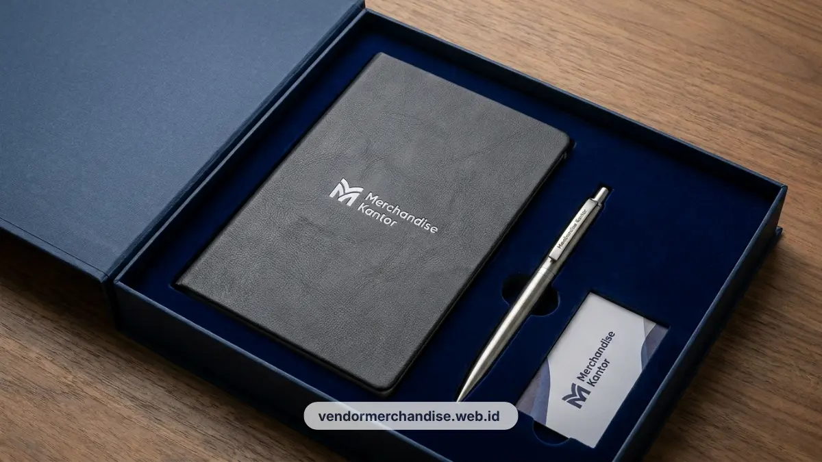 Ilustrasi paket bundling notes pulpen dalam kotak premium