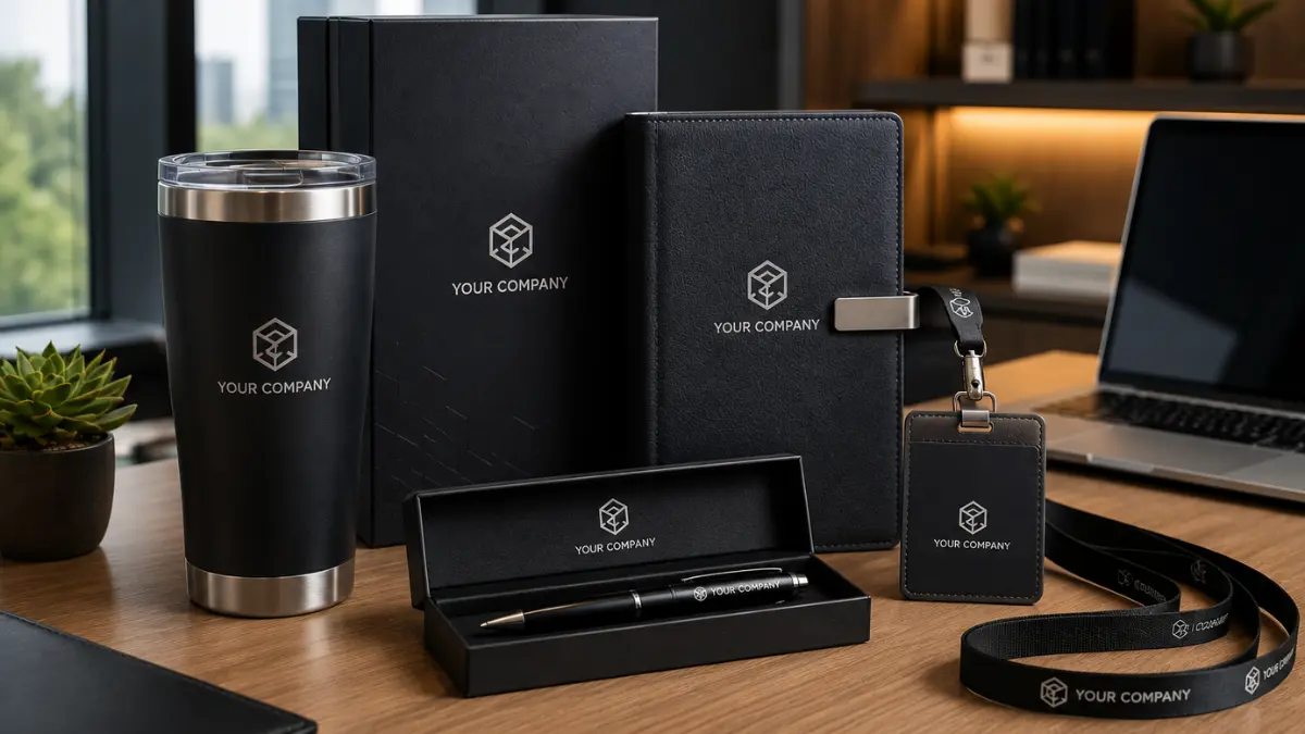 Merchandise kantor unik dengan logo perusahaan di meja kerja Merchandise Kantor
