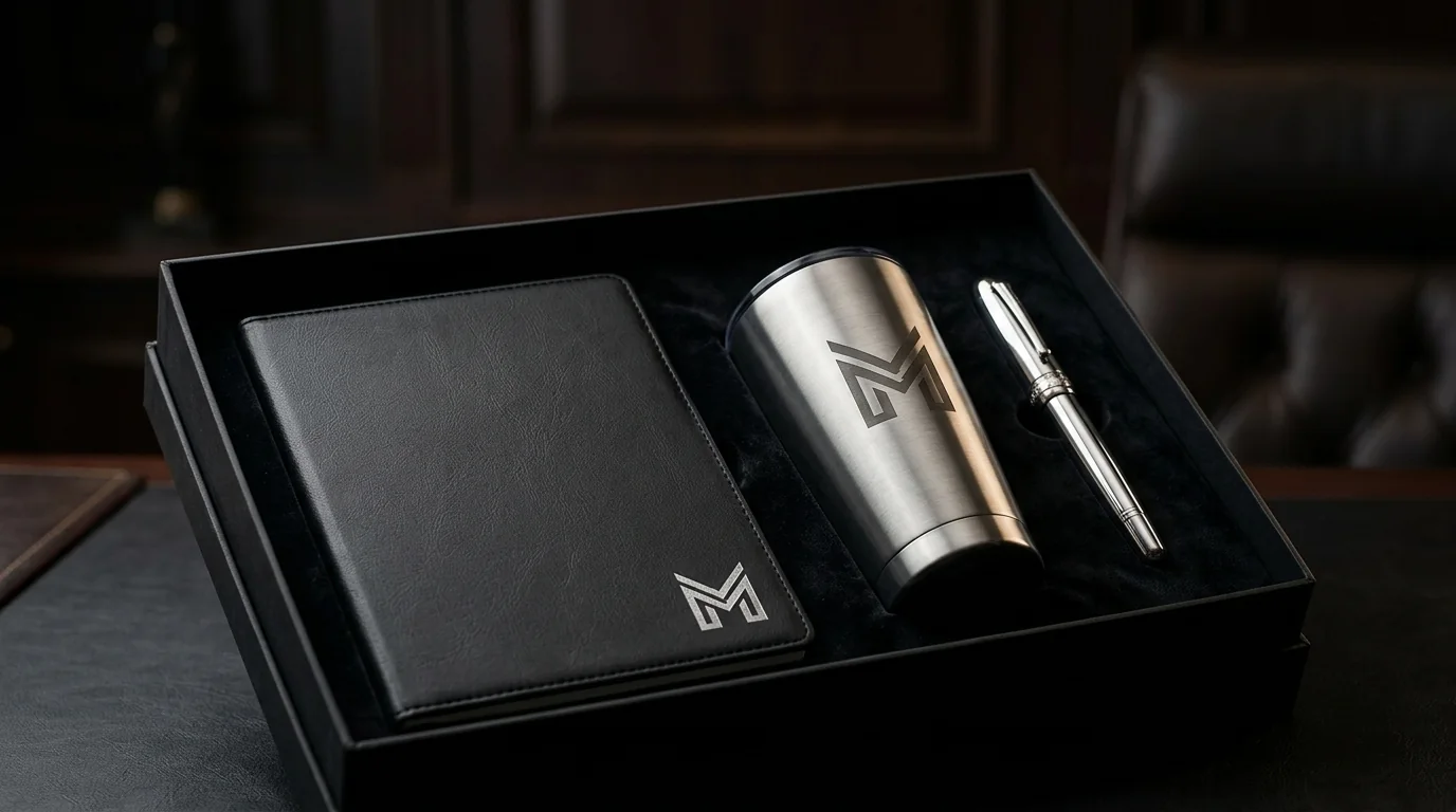 Ilustrasi gift set eksekutif premium untuk klien