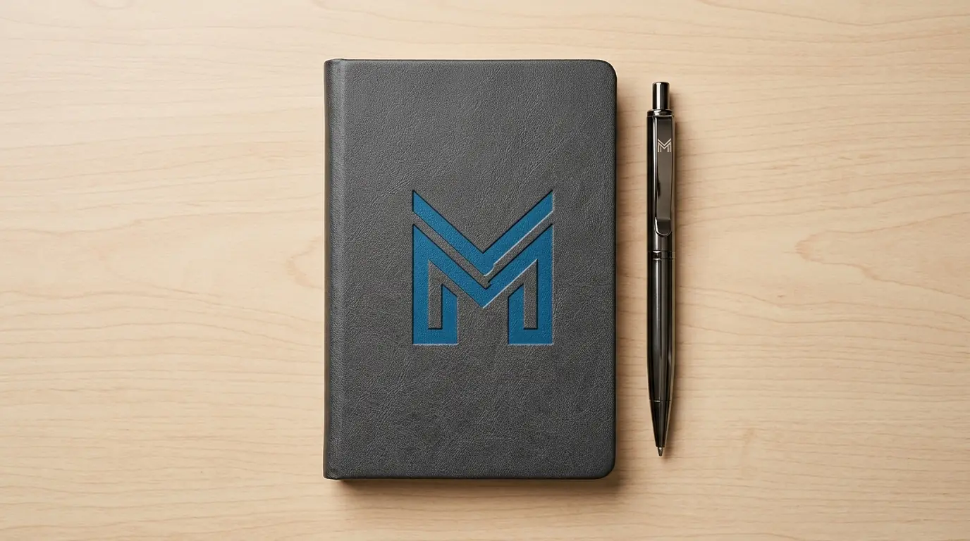 Ilustrasi notebook dan pulpen premium merchandise pameran