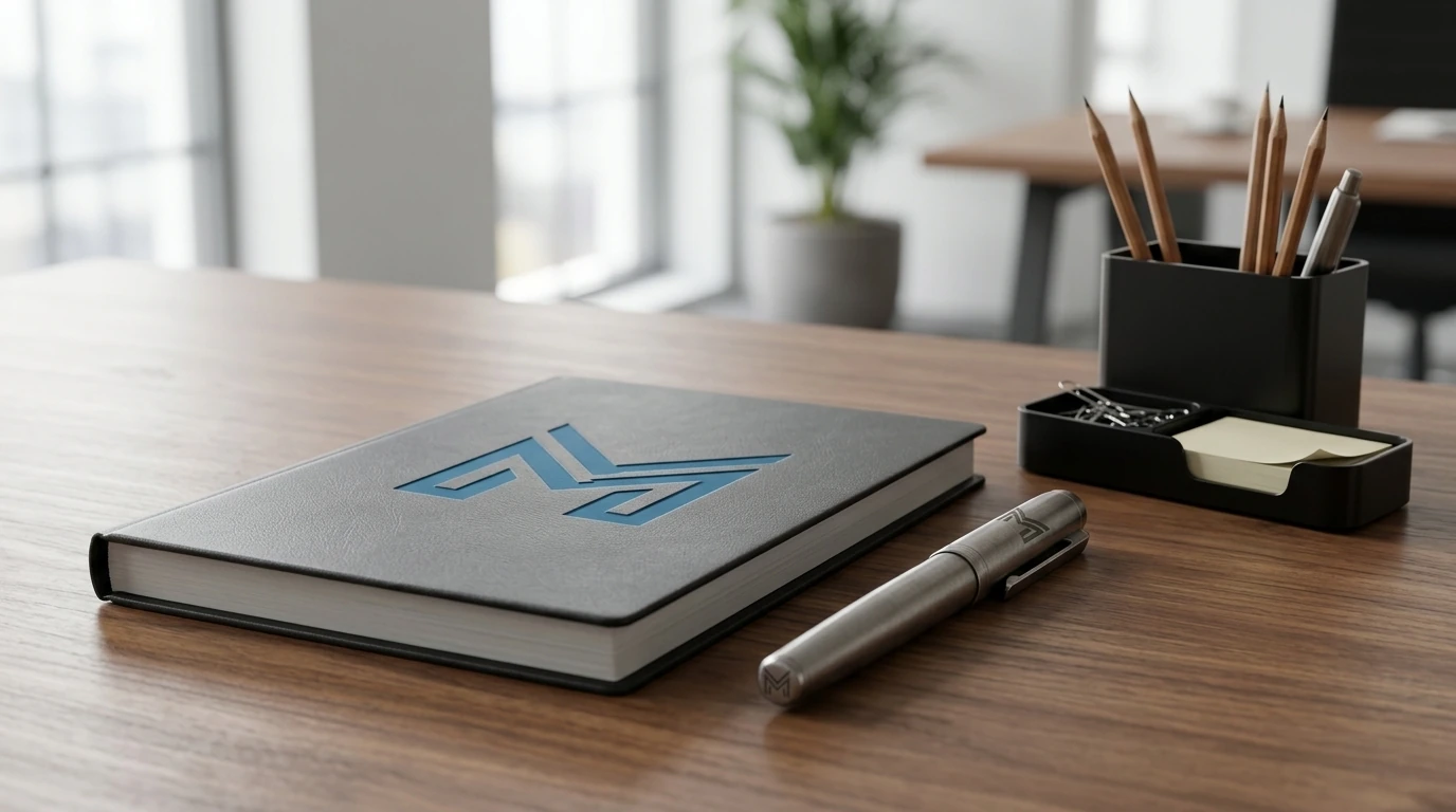 Ilustrasi notebook, pulpen, dan organizer meja kerja untuk apresiasi karyawan