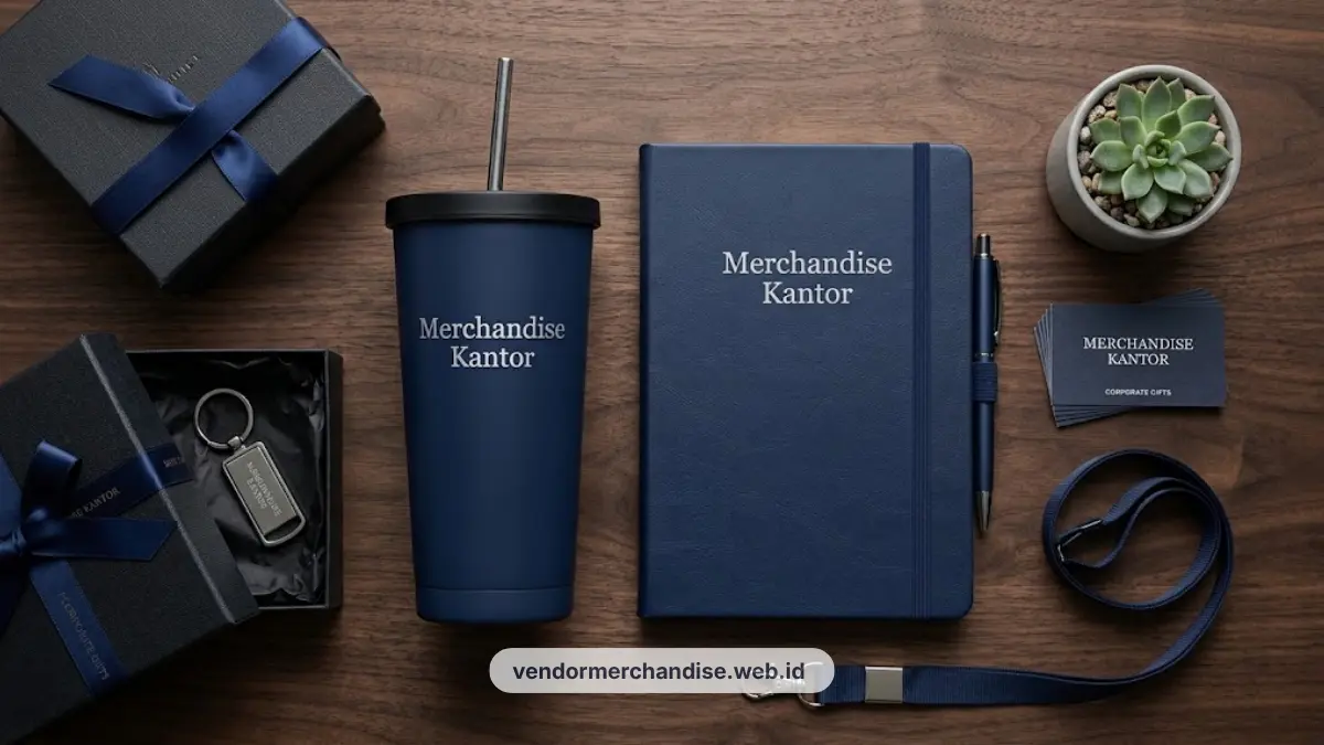 Ilustrasi set tumbler dan notebook merchandise kantor premium