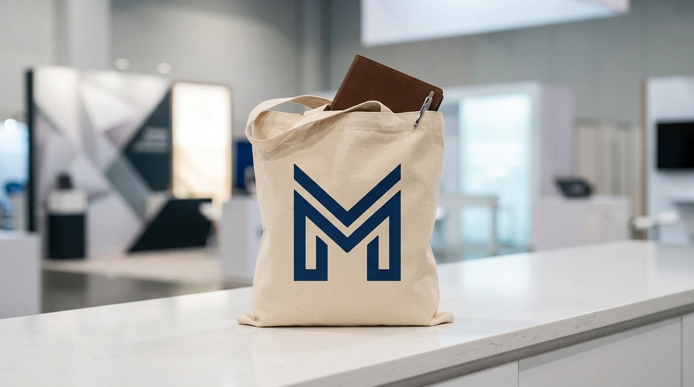 Ilustrasi tote bag merchandise untuk pameran perusahaan