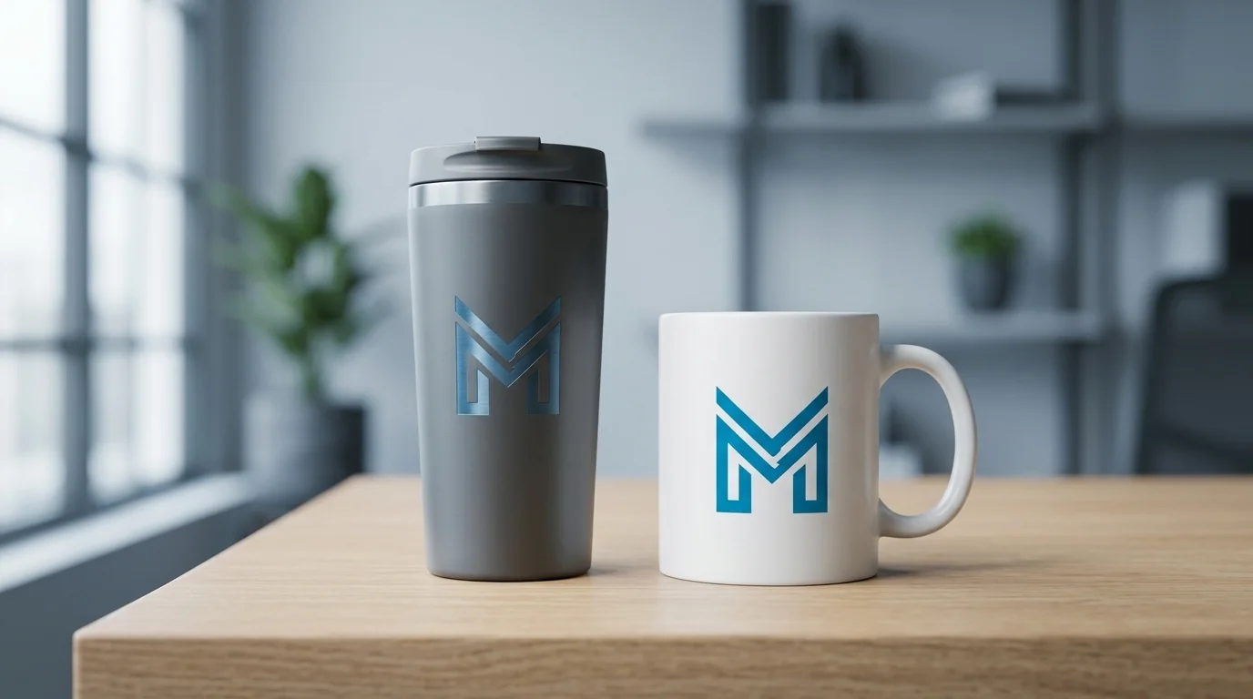 Ilustrasi tumbler dan mug fungsional merchandise kantor