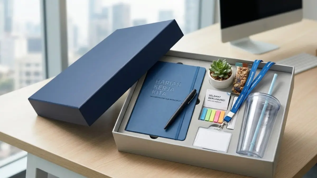 Paket daily office kit diberikan kepada karyawan baru saat onboarding Merchandise Kantor
