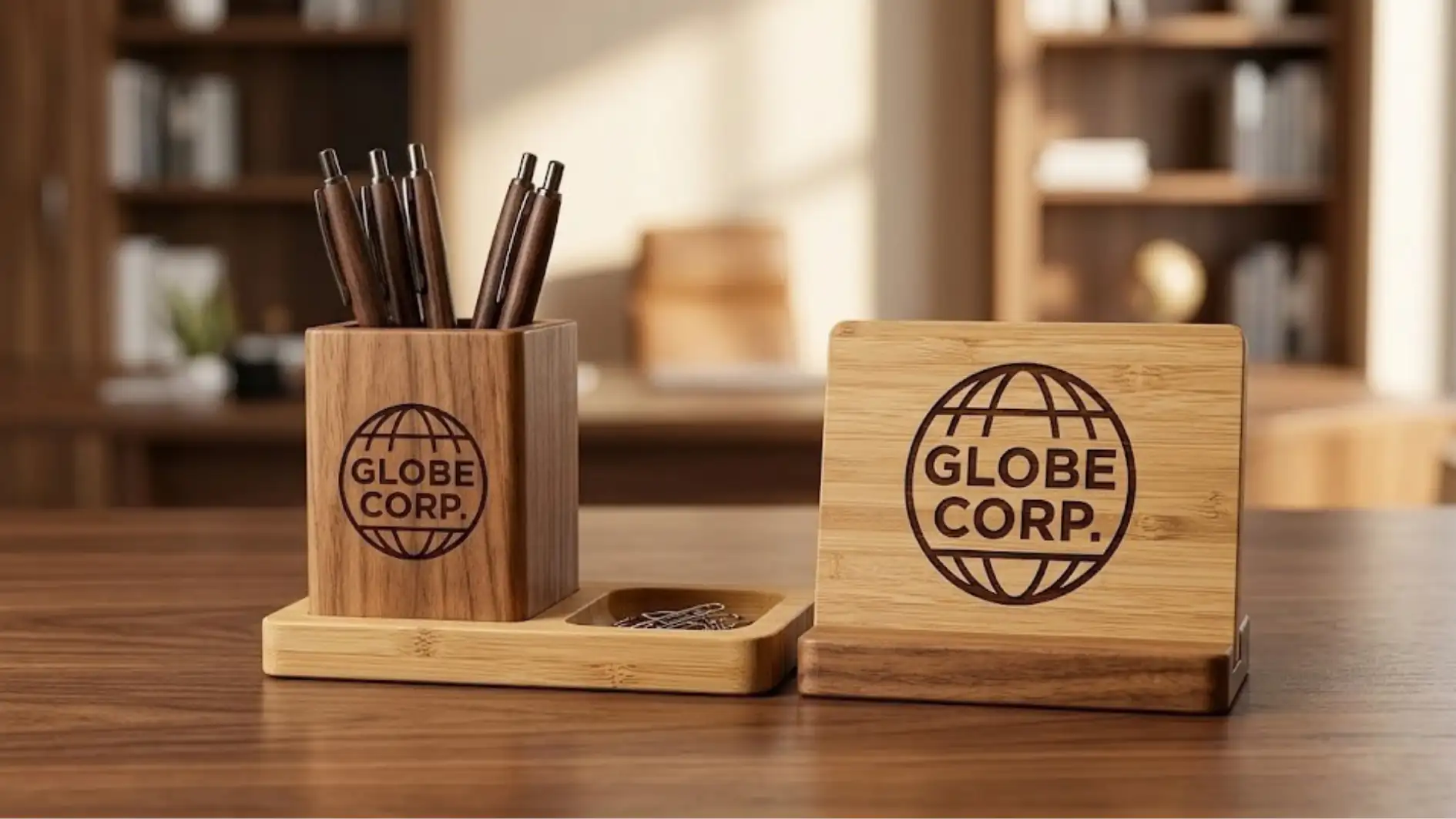 Desk set kayu dan bambu berlogo perusahaan