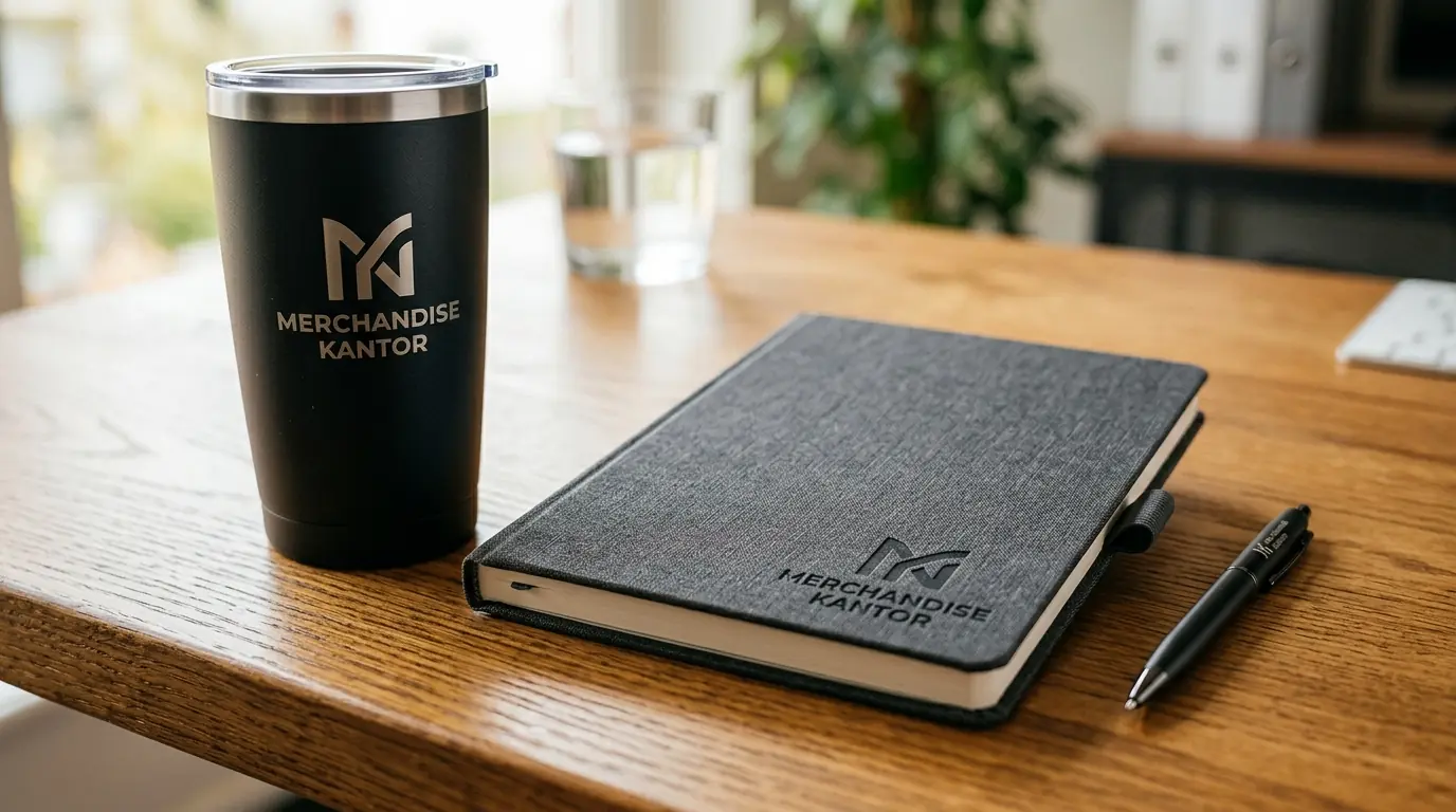 Merchandise perusahaan custom dengan logo untuk branding Merchandise Kantor