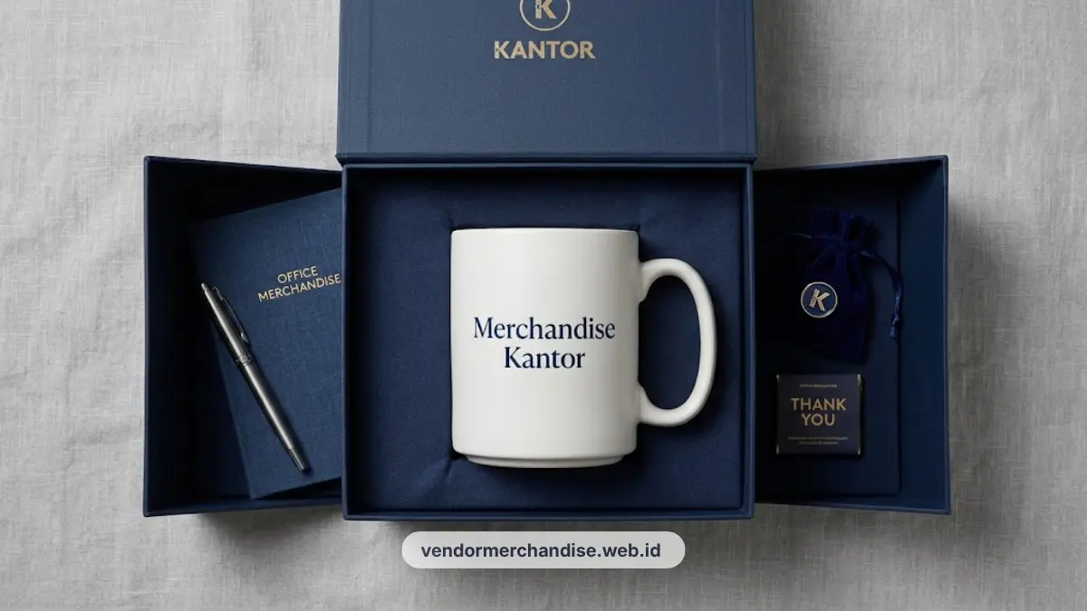 Ilustrasi mug keramik elegan dalam gift box