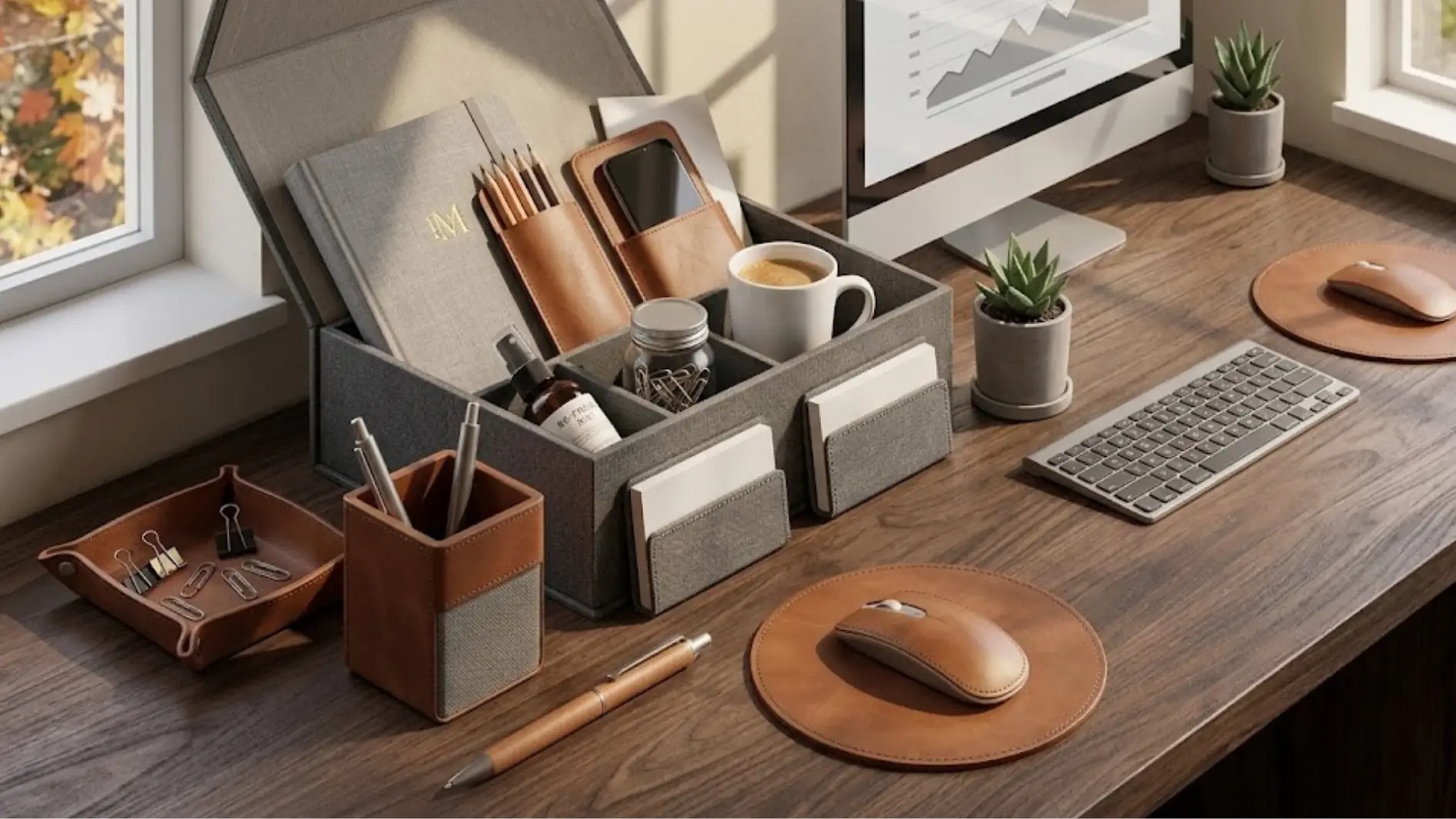 Office desk set custom berlogo perusahaan di meja kerja Merchandise Kantor