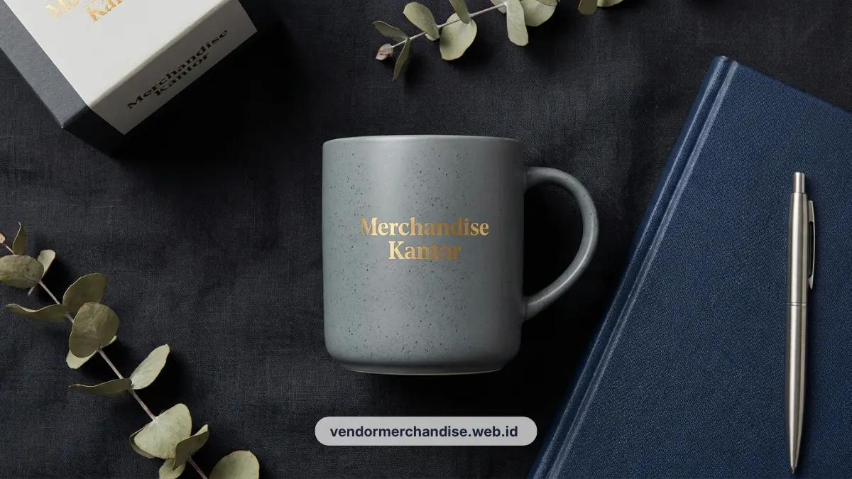 Ilustrasi mug keramik premium dengan notes pulpen
