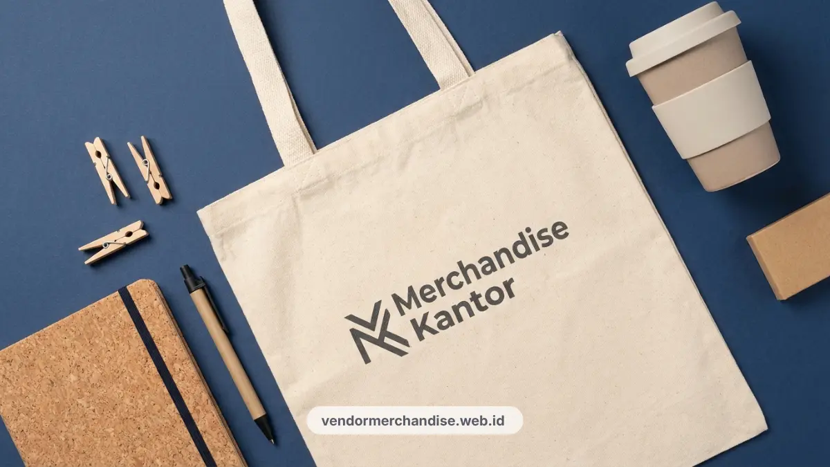 Ilustrasi tote bag dan mug suvenir kantor premium