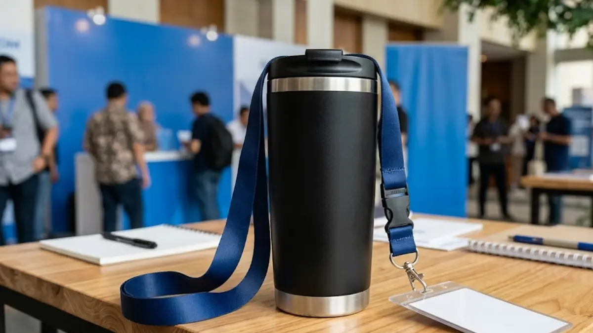 Tumbler dan lanyard custom dengan logo perusahaan untuk event Merchandise Kantor